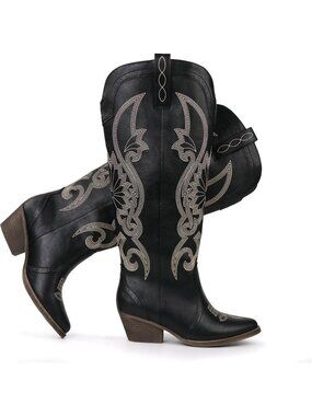 Women's Cowgirl Boots Pull On Pointed Toe Black Block Heel Classic Embroidered